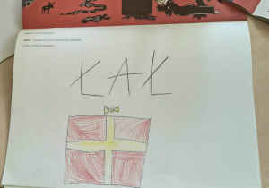 Rysunek dziecka przedstawiający wyobrażenie świata głoski i litery wokół dźwięku "ł" - "Łał! jaki piękny prezent!"