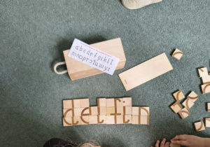 Ułożony z klocków wyraz "delfin"