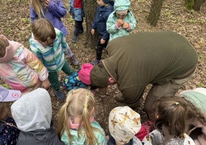 dzieci podczas spaceru edukacyjnego z leśnikiem