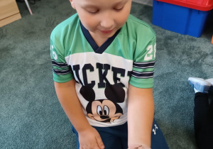 Chłopiec trzyma na ręku wylinkę pająka ptasznika