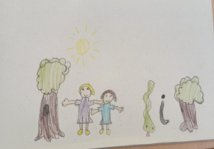 Rysunek dziecka przedstawiający wyobrażenie świata głoski i litery wokół dźwięku "i" - Iha, ha Z kim "i" się spotkało?