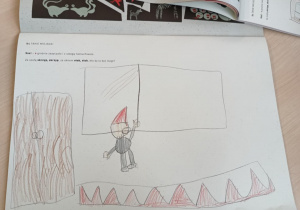 Rysunek dziecka przedstawiający wyobrażenie świata głoski i litery wokół dźwięku "s" - Za szafą skrzyp, skrzyp, za oknem stuk, stuk, kto by to być mógł?