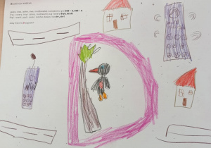 Rysunek dziecka przedstawiający wyobrażenie świata głoski i litery wokół dźwięku "d" - Dzięcioł w drzewo stuka "ddd-d", telefon dzwoni "drr, drr"