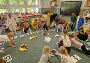 dzieci układają obrazek z kasztanów