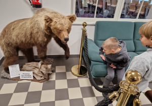 chłopcy oglądają postać spreparowanego niedżwiedzia