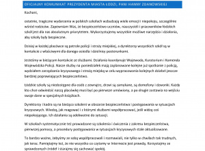 OFICJALNY KOMUNIKAT PREZYDENTA MIASTA ŁODZI, PANI HANNY ZDANOWSKIEJ