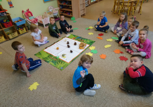 Sala przedszkolna. Dzieci siedzą w kole, na dywanie. Przed nimi plansza, na której rozmieszczone są szyszki, liście, dynie i kasztany. Wokół planszy leżą liście wycięte z kolorowego papieru.