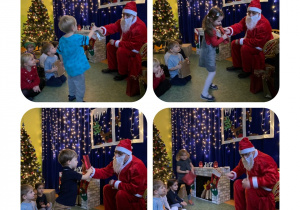 dzieci odbierają prezenty od świętego Mikołaja