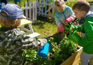 dzieci z uśmiechem podlewają nowe rośliny w ogrodzie