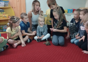 Sala przedszkolna. Mama jednej z dziewczynek prezentuje żółwia Franklina. Dzieci siedzą na dywanie w kole i z zaciekawieniem słuchają.