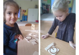 dzieci układają poznaną literę z drewnianych klocków