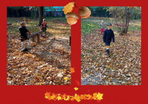 Dzieci spacerują po dywanie z jesiennych liści