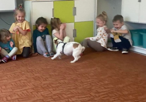 Dzieci na dywanie głaszczące psa