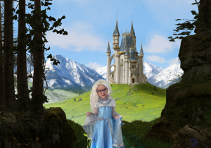 Dziewczynka przebrana za księżniczkę w tle zamek