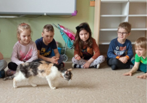 miłe spotkanie kotka z dziećmi