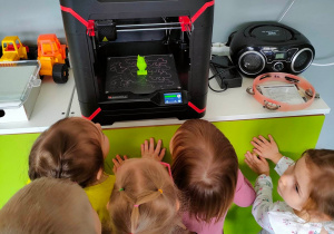 Dzieci przyglądają się sowie wydrukowanej na drukarce 3D