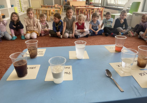 Dzieci obserwujące jak różne składniki rozpuszczają się w wodzie
