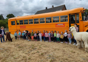 Dzieci, panie i alpaki pozują do zdjęcia przed schoolbusem