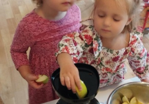 Sala przedszkolna. Dwie dziewczynki wrzucają owoce do wyciskarki.