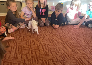 Dzieci na dywanie głaszczą psa