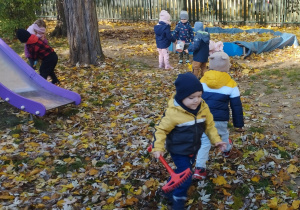Ogród przedszkolny. Dzieci sprzątają liście w ogrodzie.